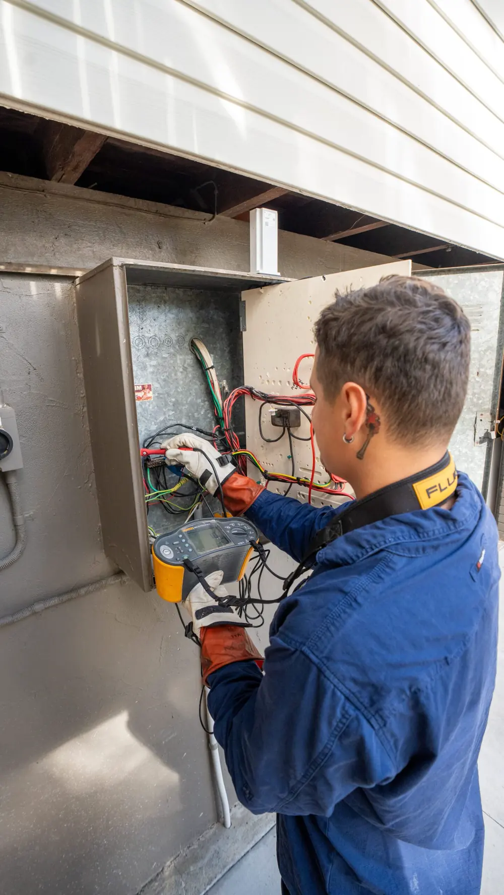 A QMAX electrician in gloves working inside an open switchboard on the side of a house.